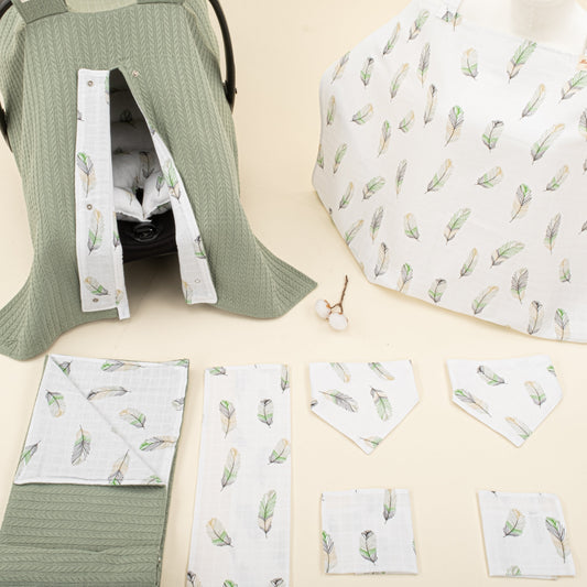 9 Piece - Newborn Sets - Double Sided - Winter - Koyu Yeşil Örgü - Yeşil Tüy