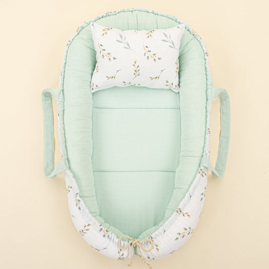 Babynest and Pillow - Çift Taraflı - Mint Muslin - Yapraklar