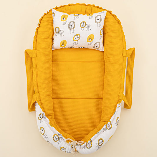 Babynest and Pillow - Çift Taraflı - Hardal Petek - Sarı Aslan