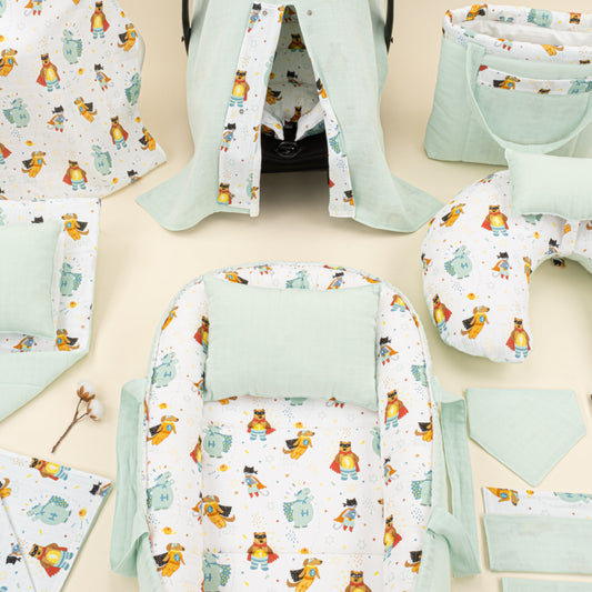 18 Piece Full Set - Double Sided - Su Yeşili Muslin - Süper Kahramanlar