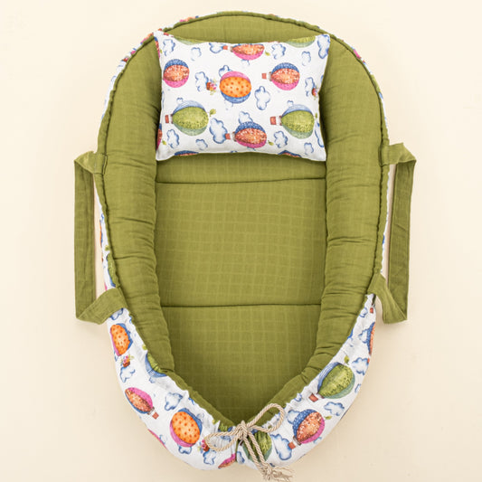 Babynest and Pillow - Çift Taraflı - Fıstık Yeşili Muslin - Uçan Balonlar
