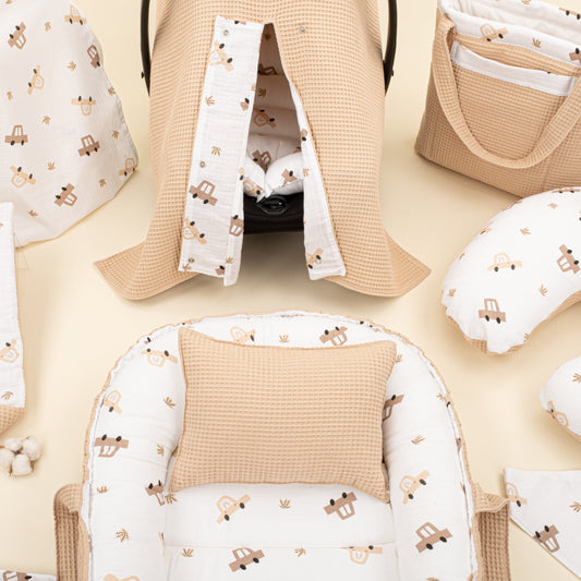 18 Piece Full Set - Double Sided - Bej Petek - Kahverengi Arabalar