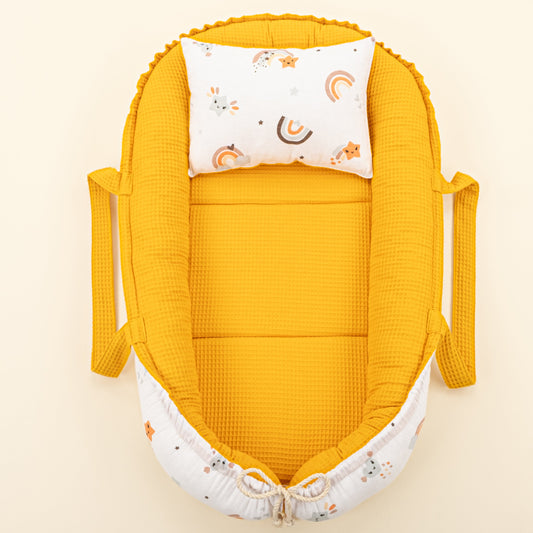 Babynest and Pillow - Çift Taraflı - Hardal Petek - Turuncu Gökkuşağı