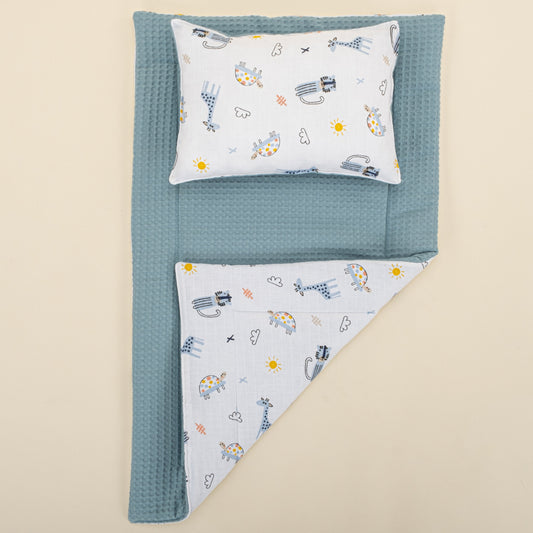 Double Sided Changing Pad and Pillow - Petrol Mavisi Petek - Mavi Canlılar