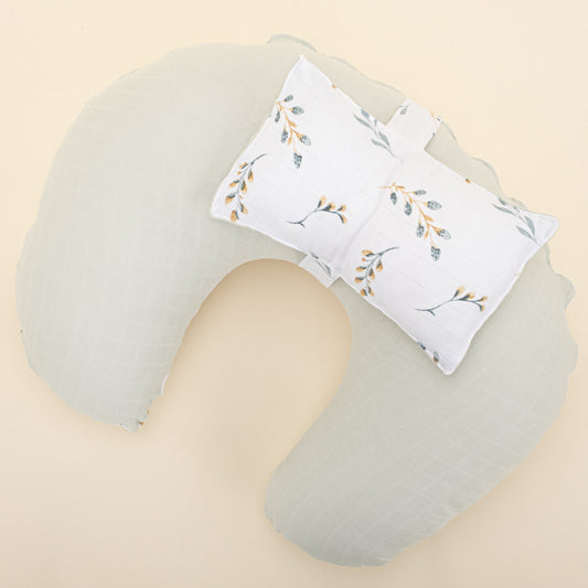 Double Sided Breastfeeding Pillow - Açık Yeşil Muslin - Yapraklar
