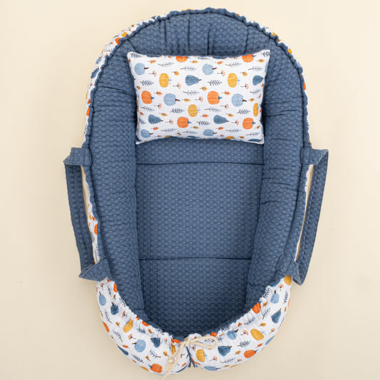 Babynest and Pillow - Çift Taraflı - İndigo Havuz - Mavi Balkabağı