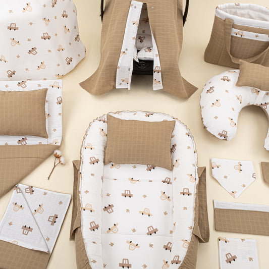 18 Piece Full Set - Double Sided - Toprak Muslin - Kahverengi Arabalar