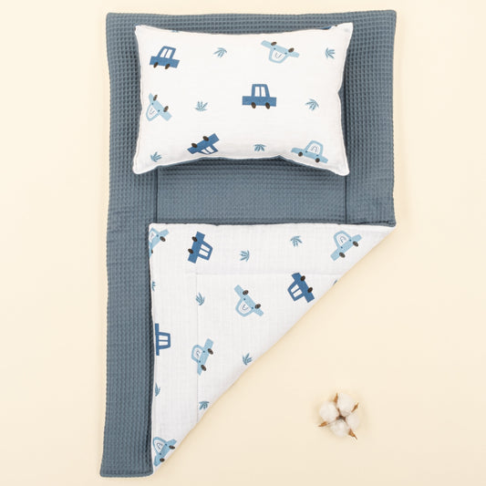 Double Sided Changing Pad and Pillow - Koyu Mavi Petek - Mavi Arabalar