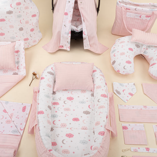 18 Piece Full Set - Double Sided - Pembe Saten - Pembe Bulut