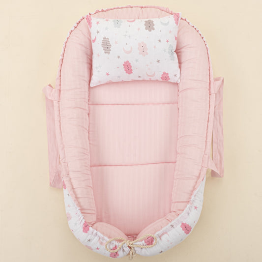 Babynest and Pillow - Çift Taraflı - Pembe Saten - Pembe Bulut