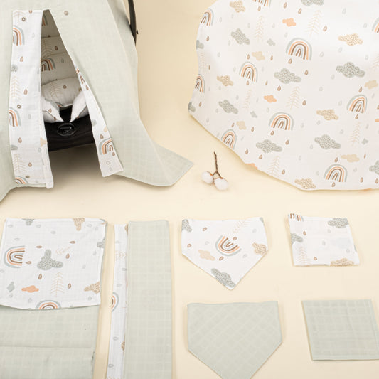 9 Piece - Newborn Sets - Double Sided - Seasonal - Açık Yeşil Muslin - Yeşil Gökkuşağı