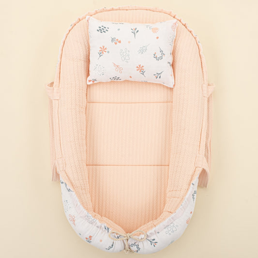 Babynest and Pillow - Çift Taraflı - Somon Örgü - Yeşil Çiçekler