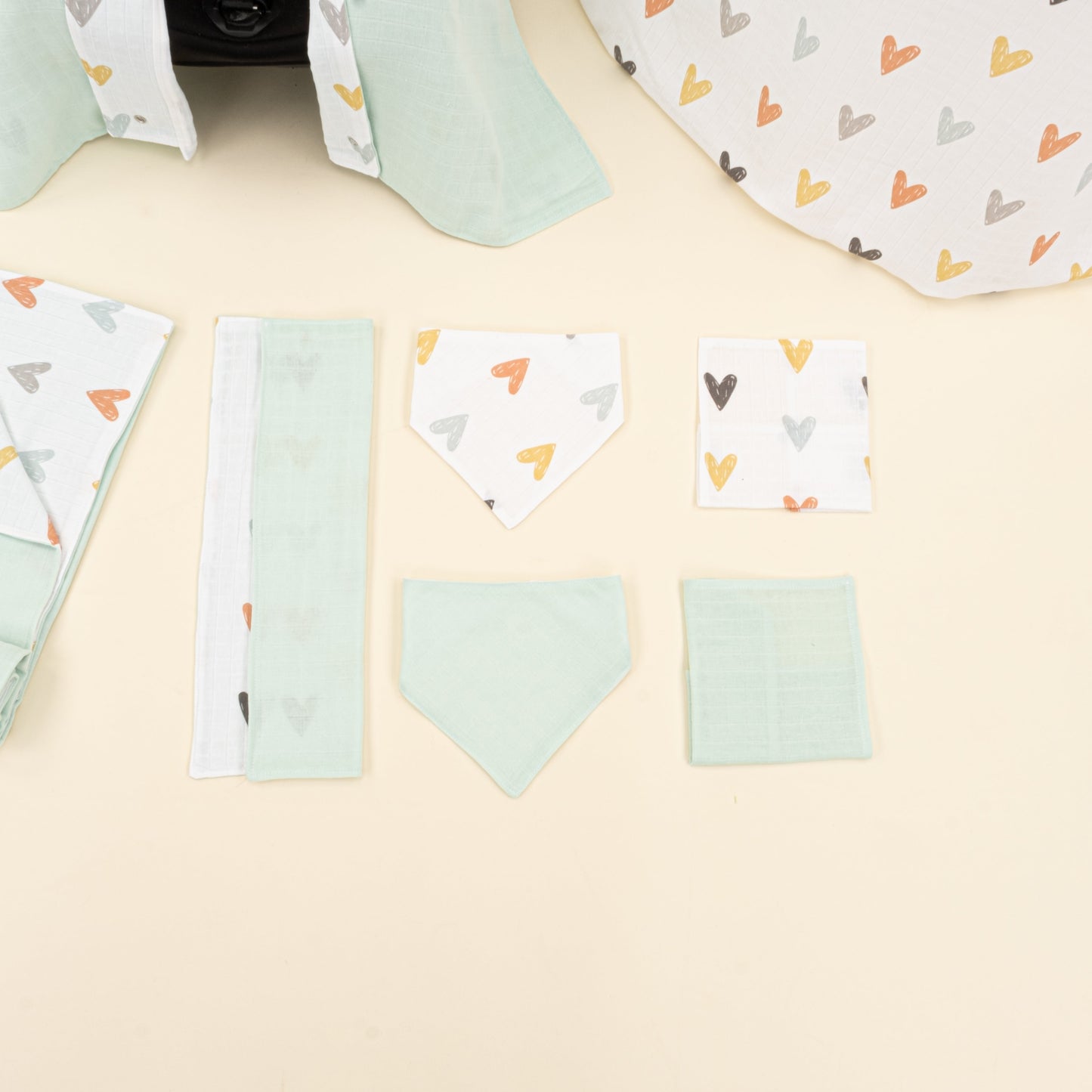 11 Piece - Newborn Sets - Double Sided - Seasonal - Su Yeşili Muslin - Kalpler