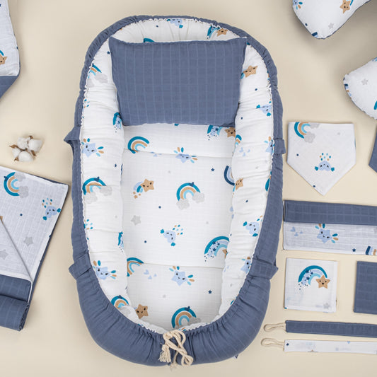 18 Piece Full Set - Double Sided - İndigo Müslin - Mavi Gökkuşağı