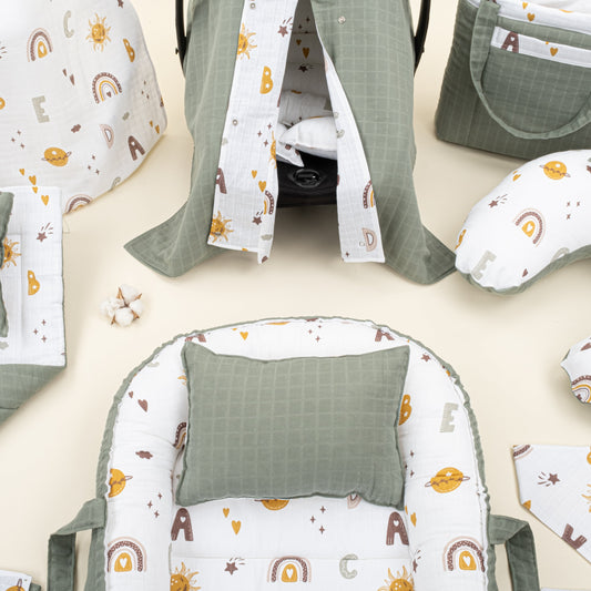 18 Piece Full Set - Double Sided - Haki Muslin - Galaksi ve Harfler