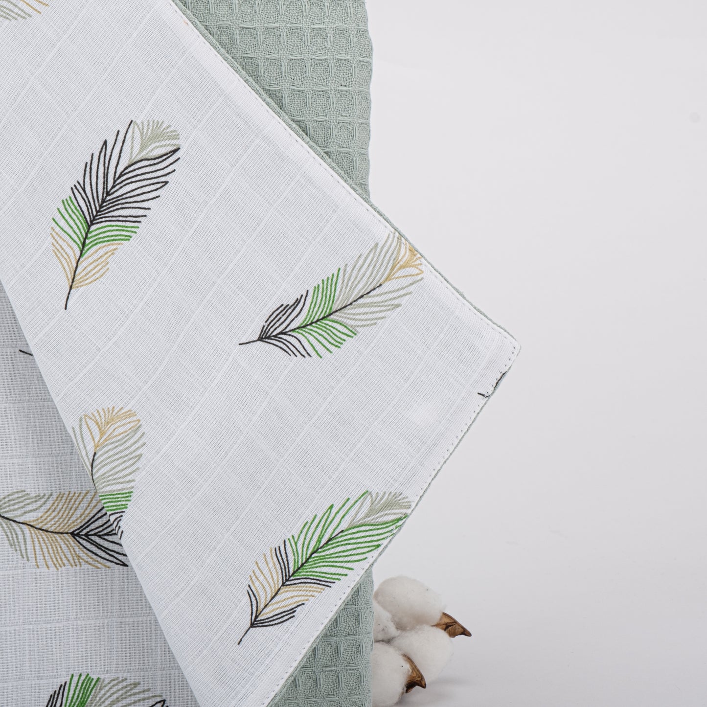 Pique Blanket - Double Side - Mint Honeycomb - Green Feather