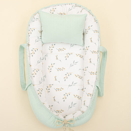 Babynest  and Pillow - Çift Taraflı - Mint Muslin - Yapraklar