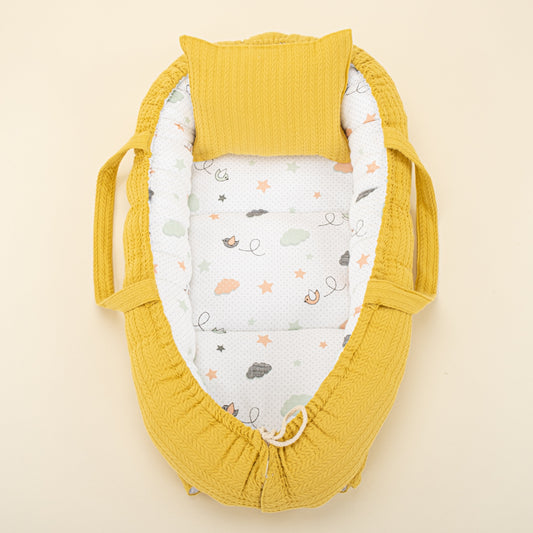 Babynest and Pillow - Çift Taraflı - Hardal Örgü - Kuş