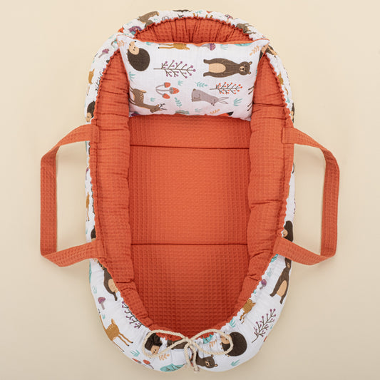 Babynest and Pillow - Çift Taraflı - Turuncu Petek - Orman