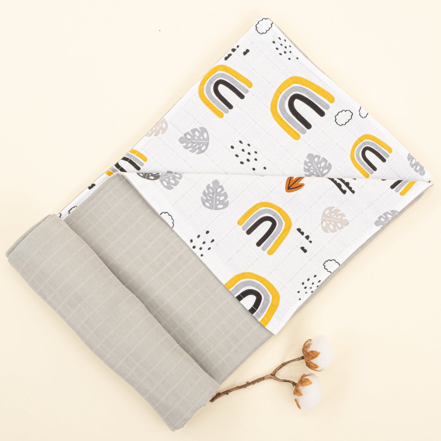 Double Side Muslin Cover - Açık Gri Muslin - Hardal Gökkuşağı