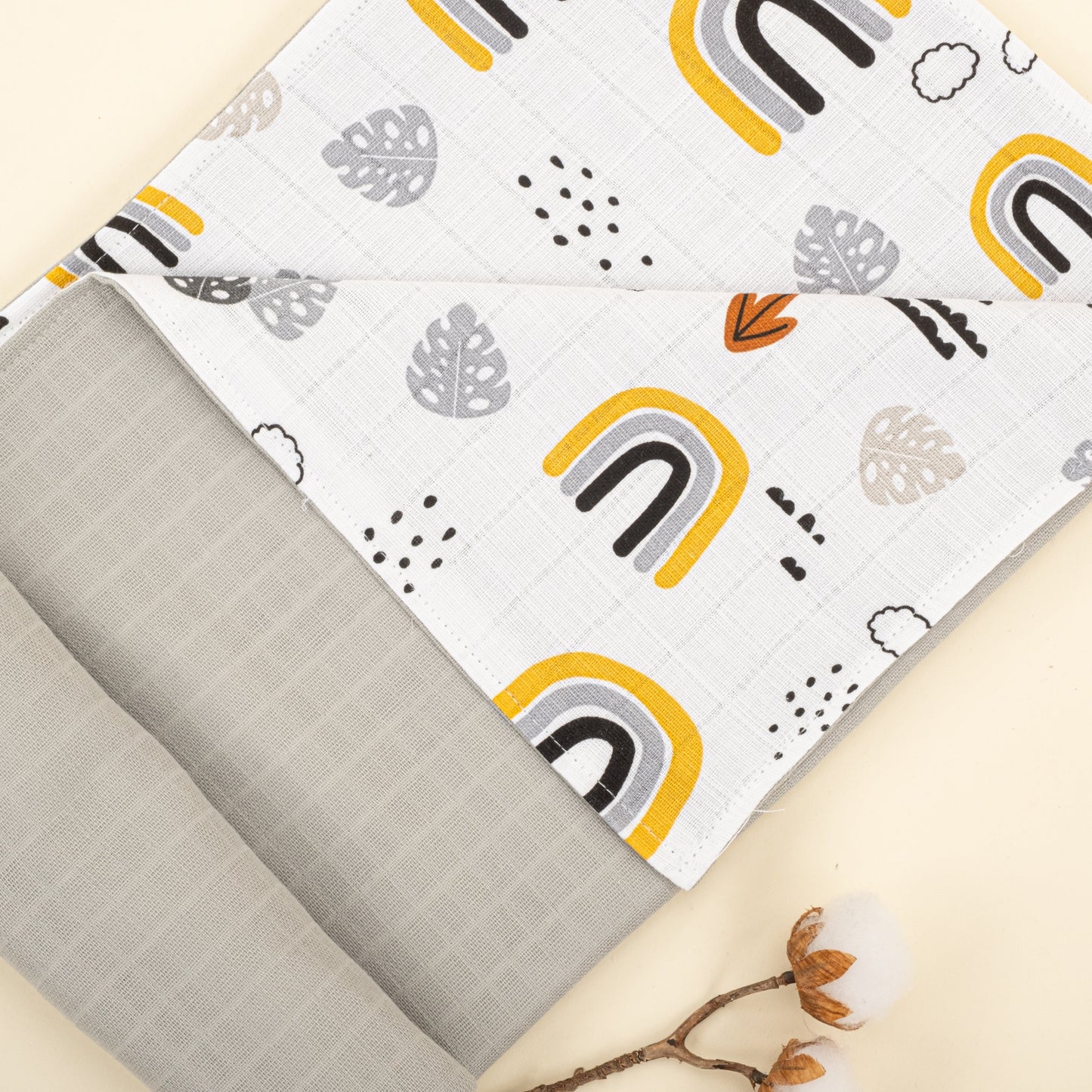 Double Side Muslin Cover - Açık Gri Muslin - Hardal Gökkuşağı