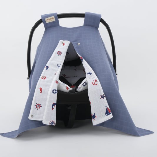 Stroller Cover Set - Double Side - İndigo Muslin - Bahriyeli
