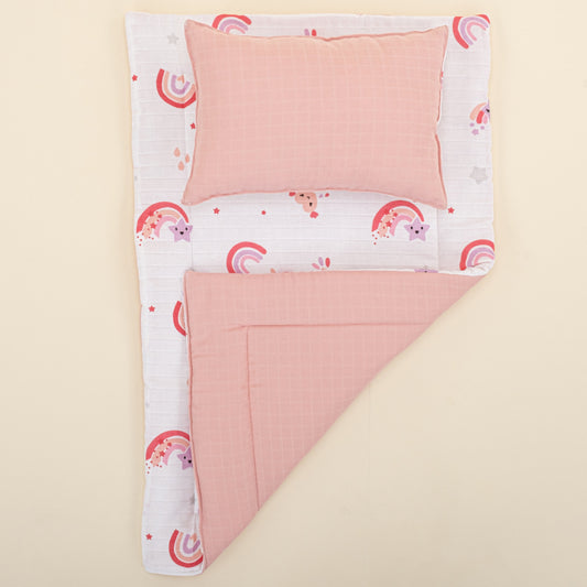 Double Sided Changing Pad and Pillow - Pudra Muslin - Pembe Gökkuşağı