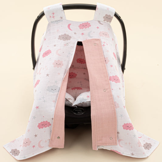 Stroller Cover Set - Double Side -Pudra Muslin - Pembe Bulut