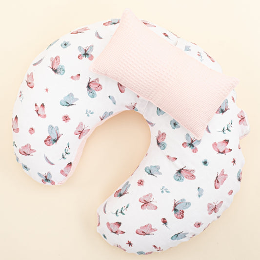Double Sided Breastfeeding Pillow - Pembe Waffle - Kelebekler