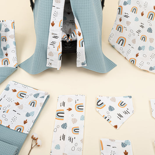 11 Piece - Newborn Sets - Double Sided - Winter - Petrol Mavisi Petek - Petrol Mavisi Gökkuşağı