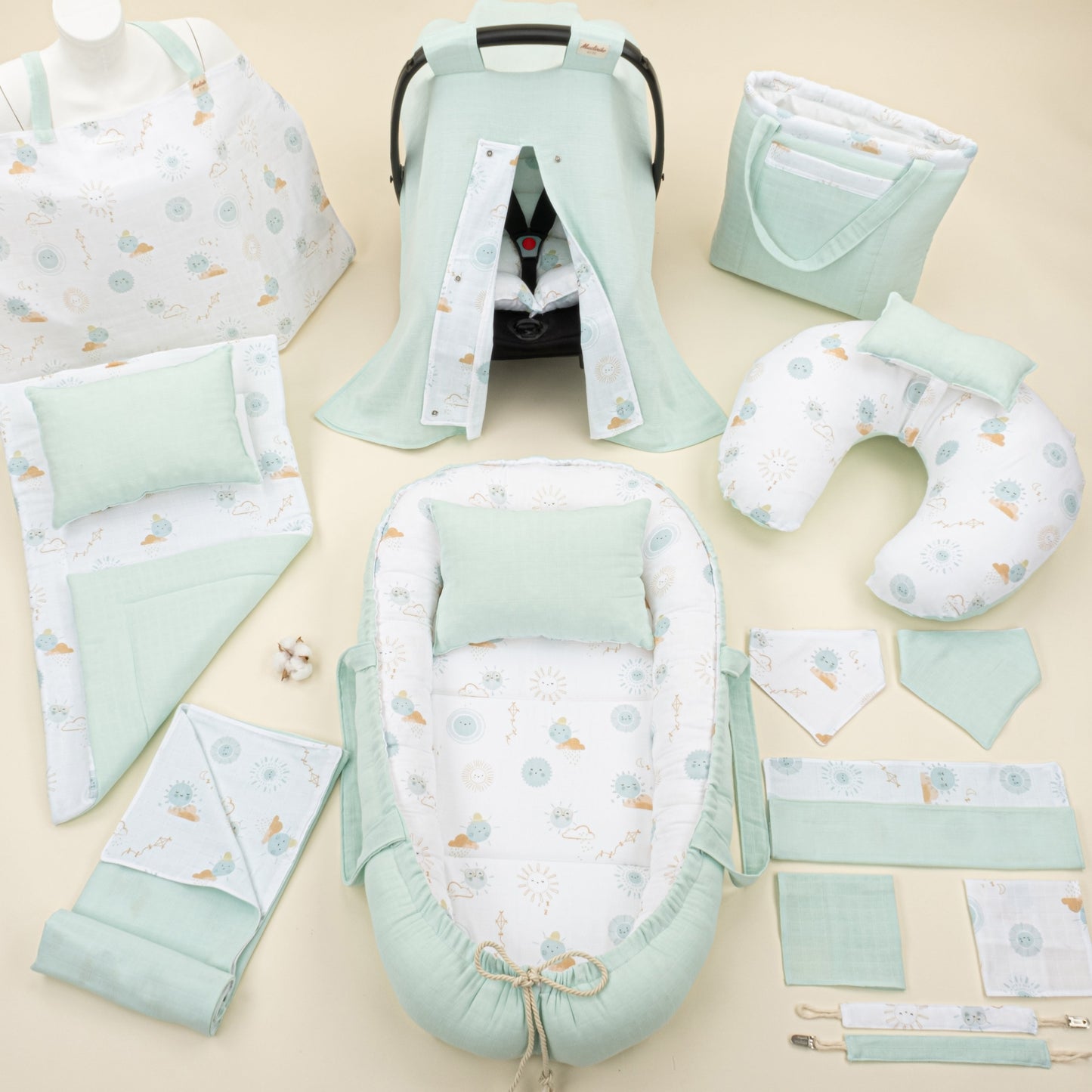 18 Piece Full Set - Double Sided - Su Yeşili Muslin - Su Yeşili Güneş
