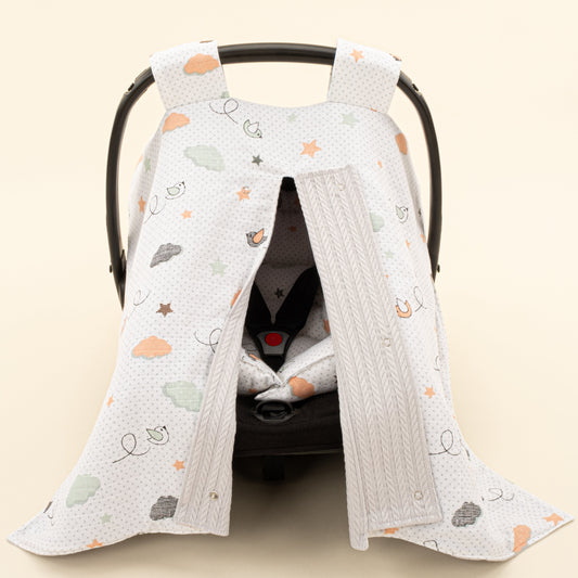 Stroller Cover Set - Double Side - Açık Gri Örgü - Kuş
