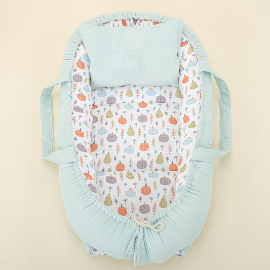 Babynest and Pillow - Çift Taraflı - Turkuaz Waffle - Yeşil Balkabağı