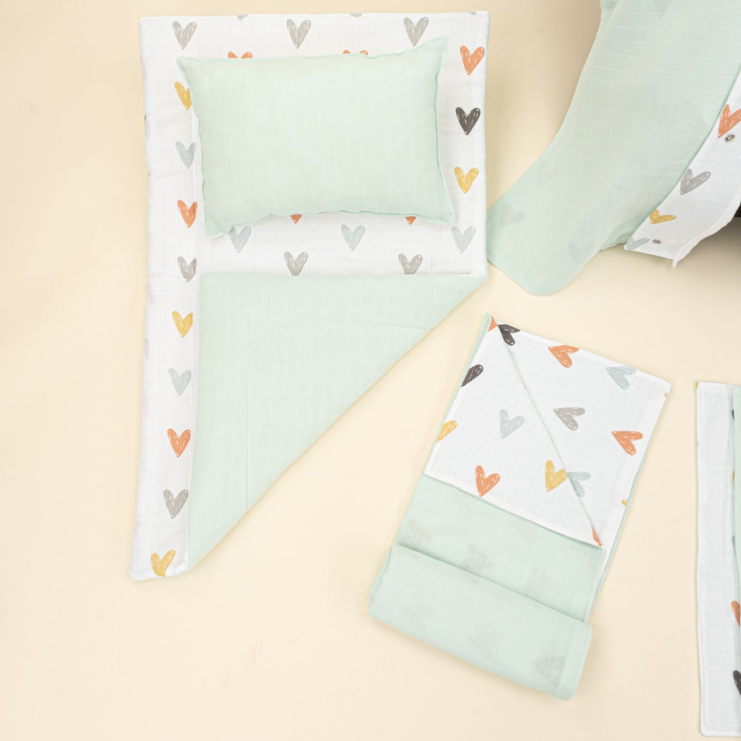 11 Piece - Newborn Sets - Double Sided - Seasonal - Su Yeşili Muslin - Kalpler