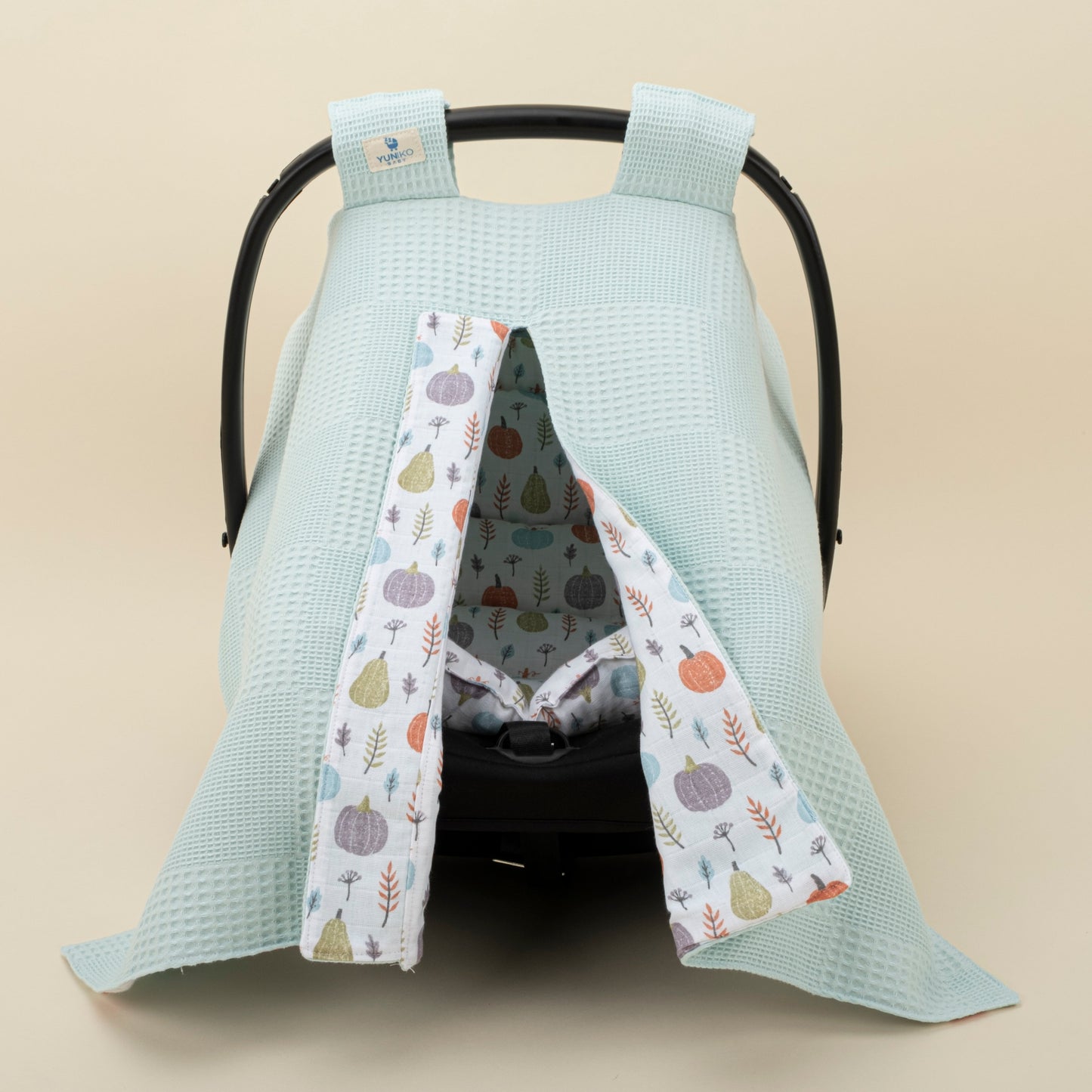 Stroller Cover Set - Double Side - Turquoise Waffle - Green Pumpkin