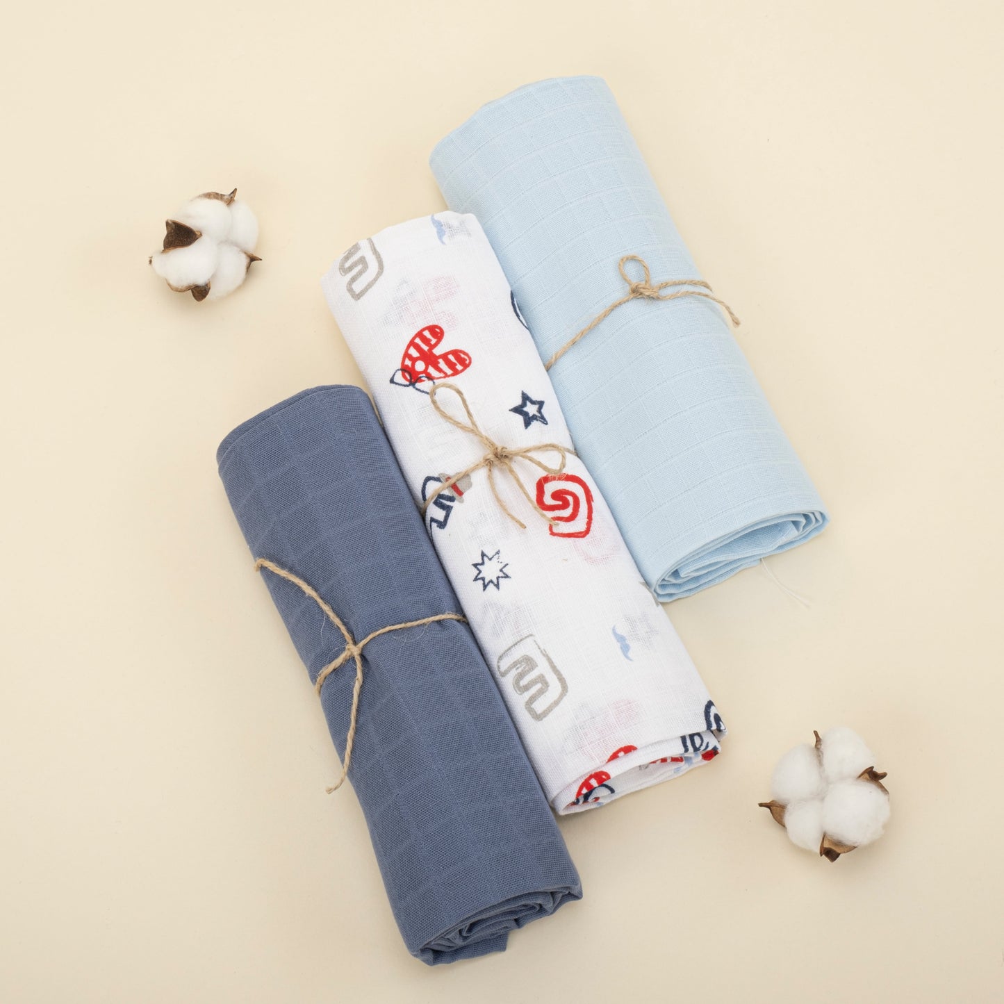 3 Piece Muslin Cover Set - Indigo / Lettered / Baby Blue