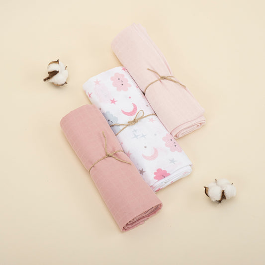 3 Piece Muslin Cover Set - Powder / Pink Cloud / Baby Pink