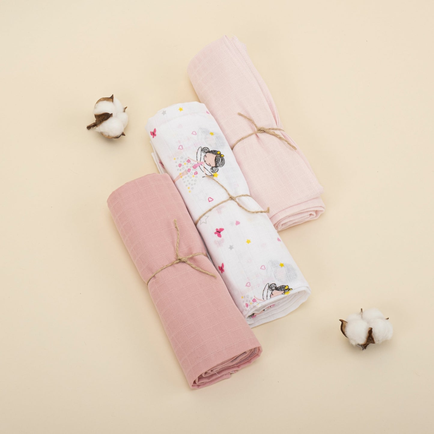 3 Piece Muslin Cover Set - Powder / Princess / Baby Pink
