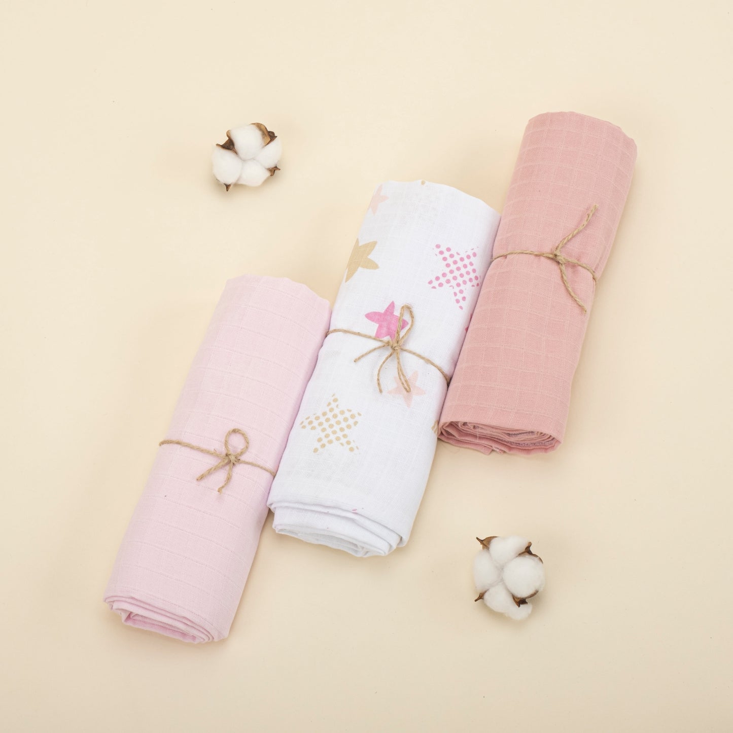 3 Piece Muslin Cover Set - Bebe Pink / Pink stars / Powder