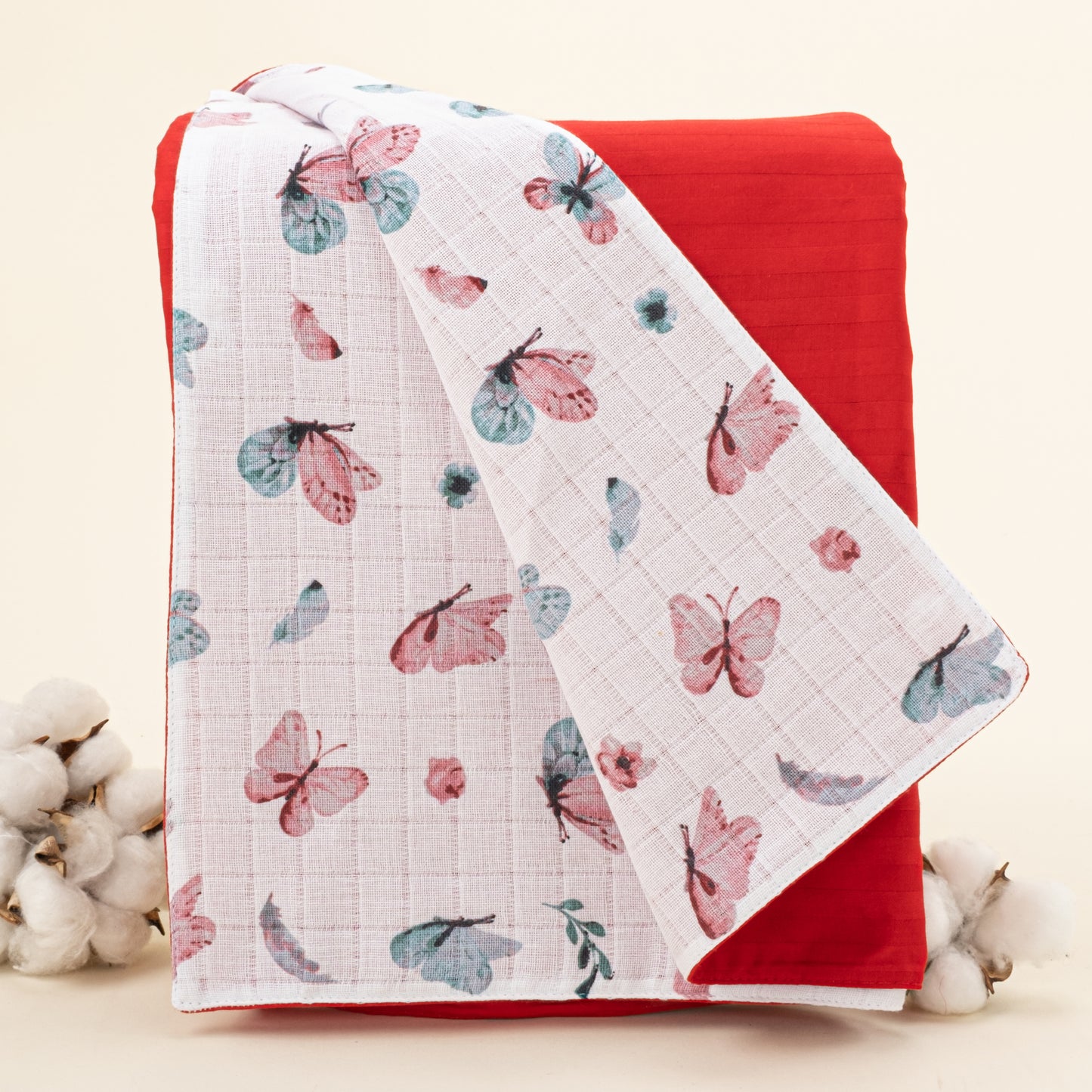 Double Side Muslin Cover - Red Satin - Butterfly