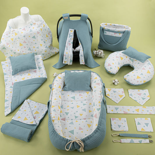 15 Piece Full Set - Newborn Sets - Petrol Blue Honeycomb - Colored Triangles