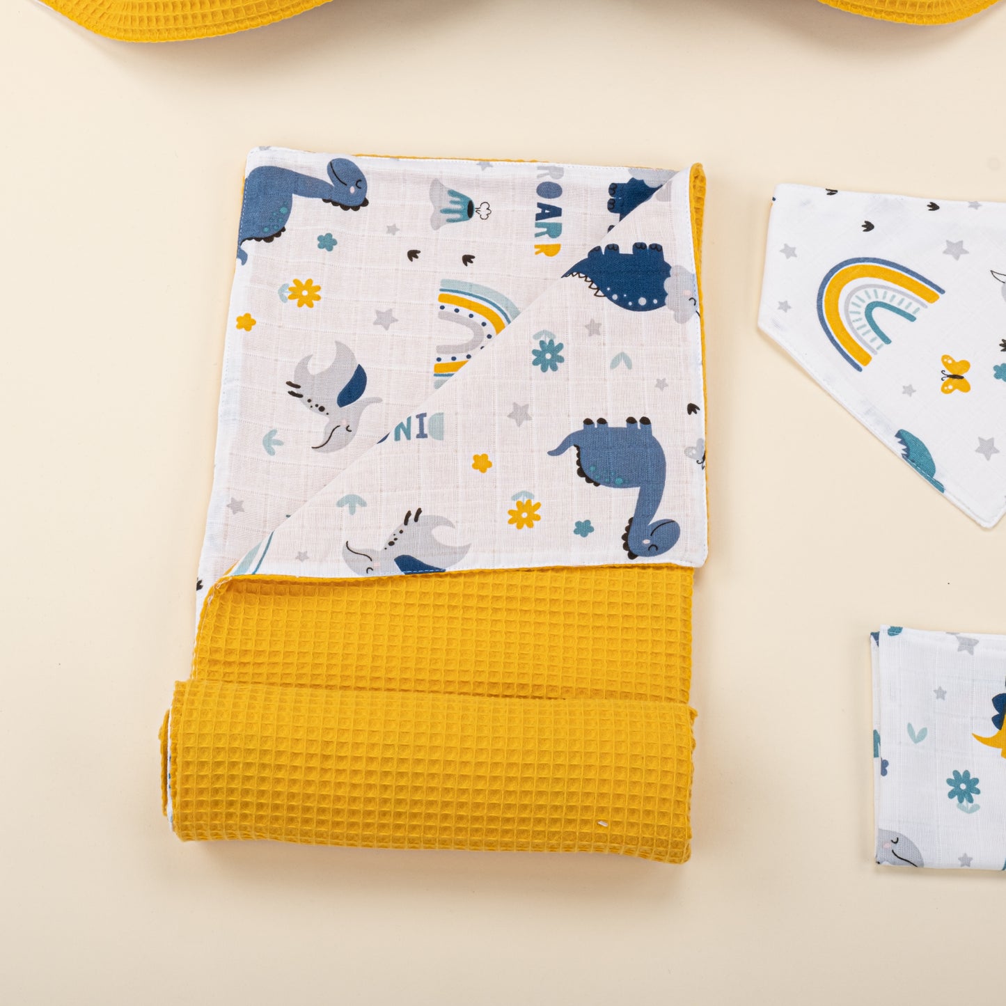 9 Piece - Newborn Sets - Winter - Mustard Honeycomb - Mustard Dino