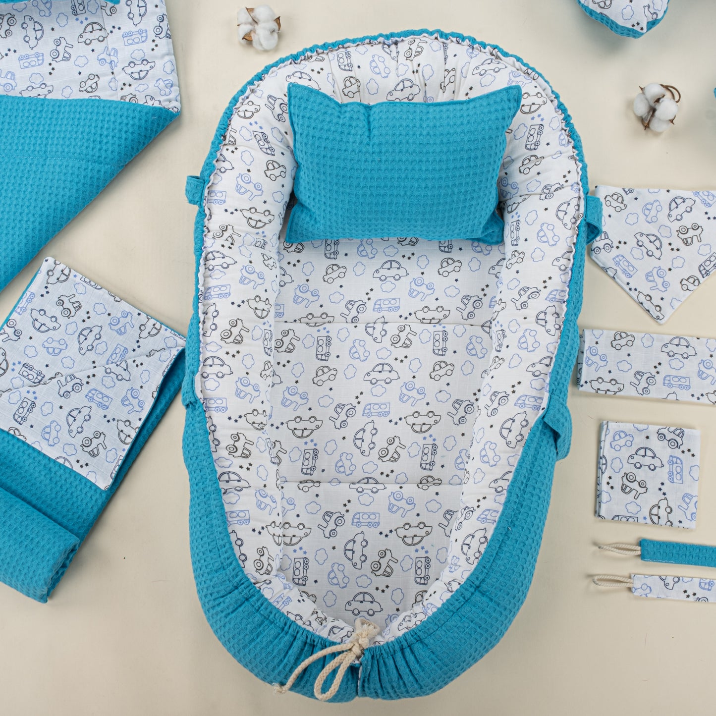 15 Piece Full Set - Newborn Sets - Turquoise Honeycomb - Blue Tiny Cars