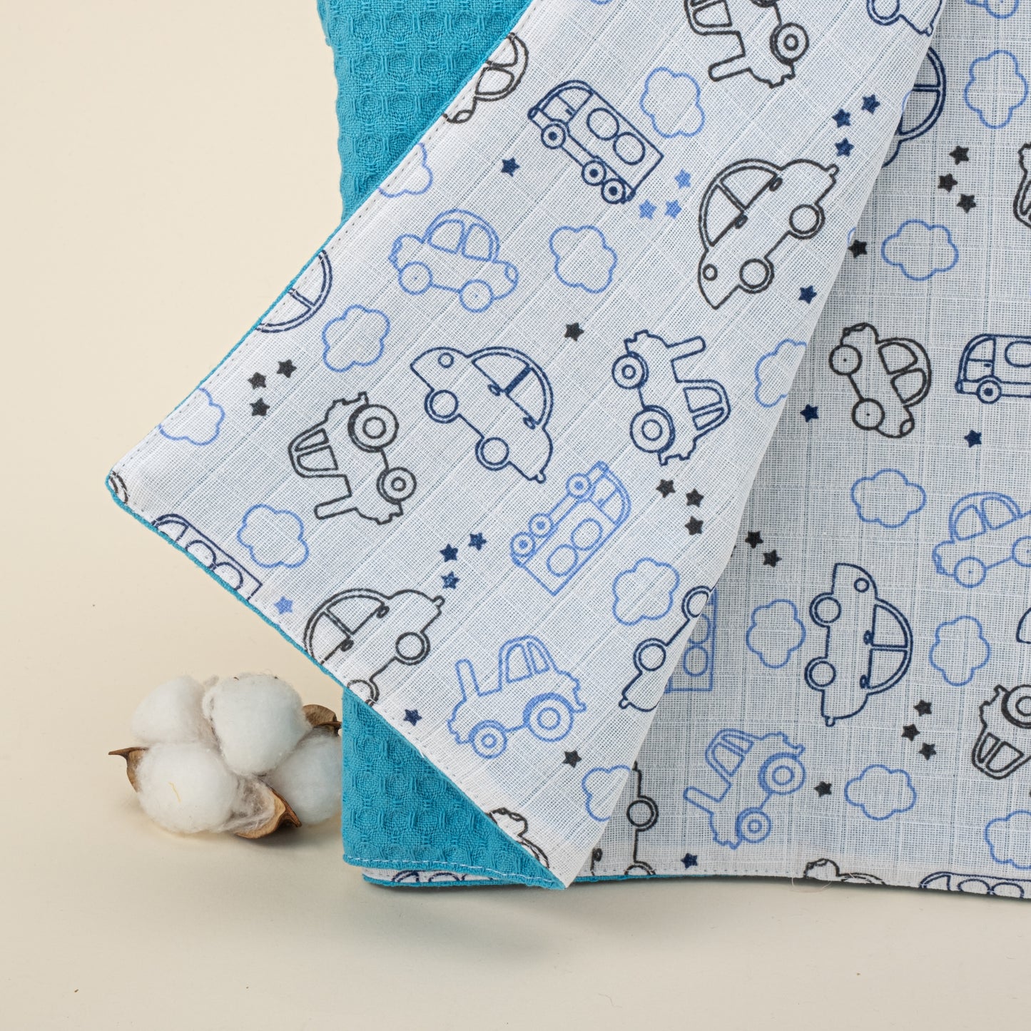 Pique Blanket - Double Side - Turquoise Honeycomb - Blue Tiny Cars