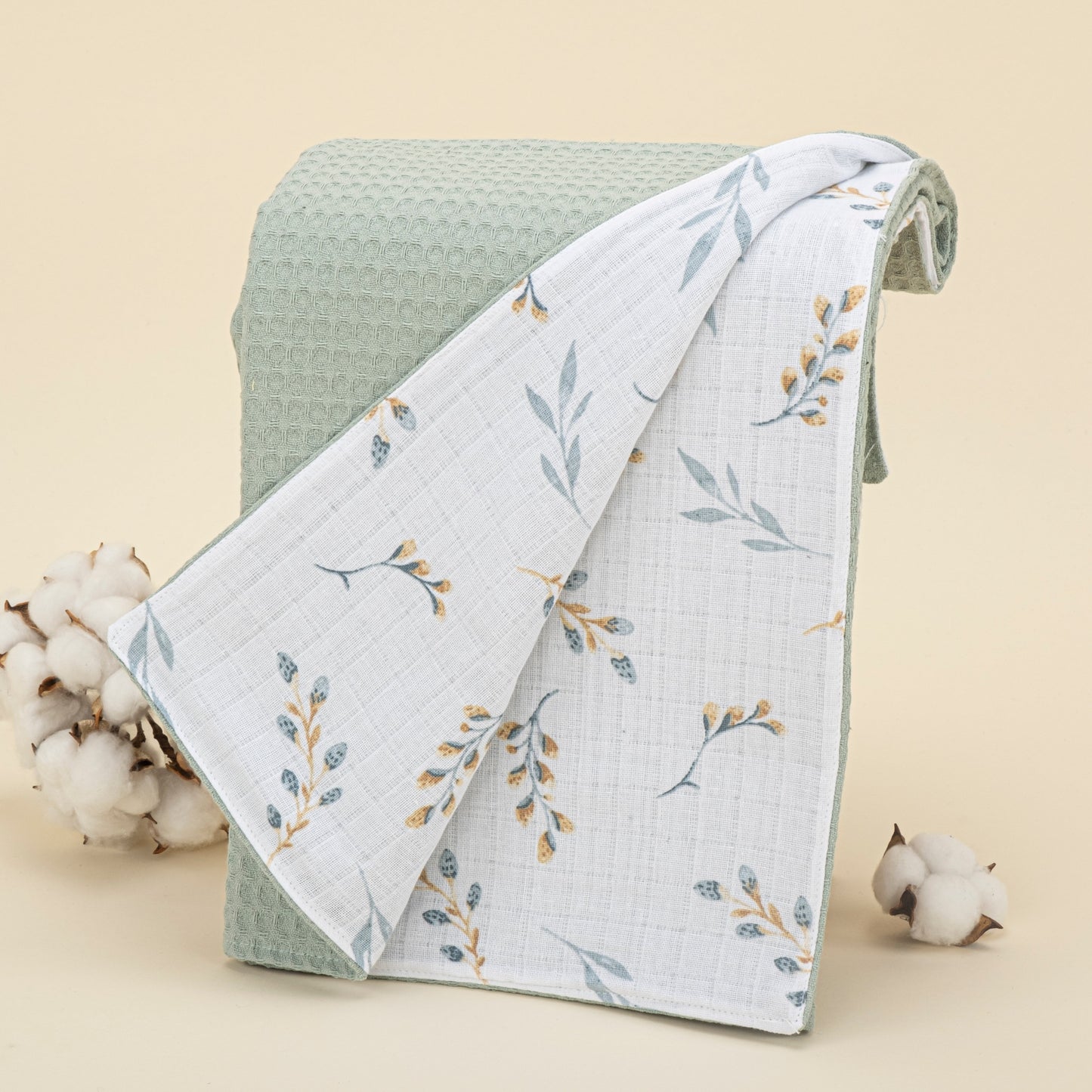 Pique Blanket - Double Side - Mint Honeycomb - Leaves