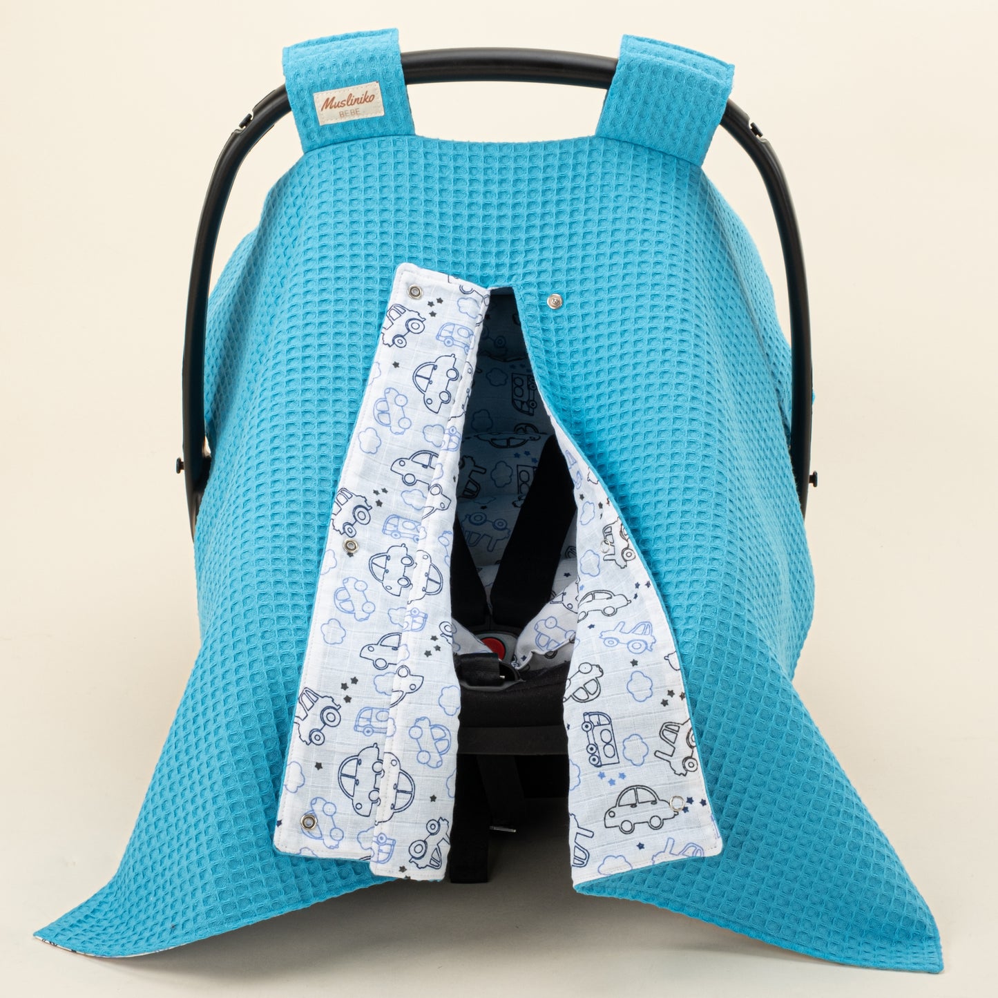 Stroller Cover Set - Double Side - Turquoise Honeycomb - Blue Tiny Cars
