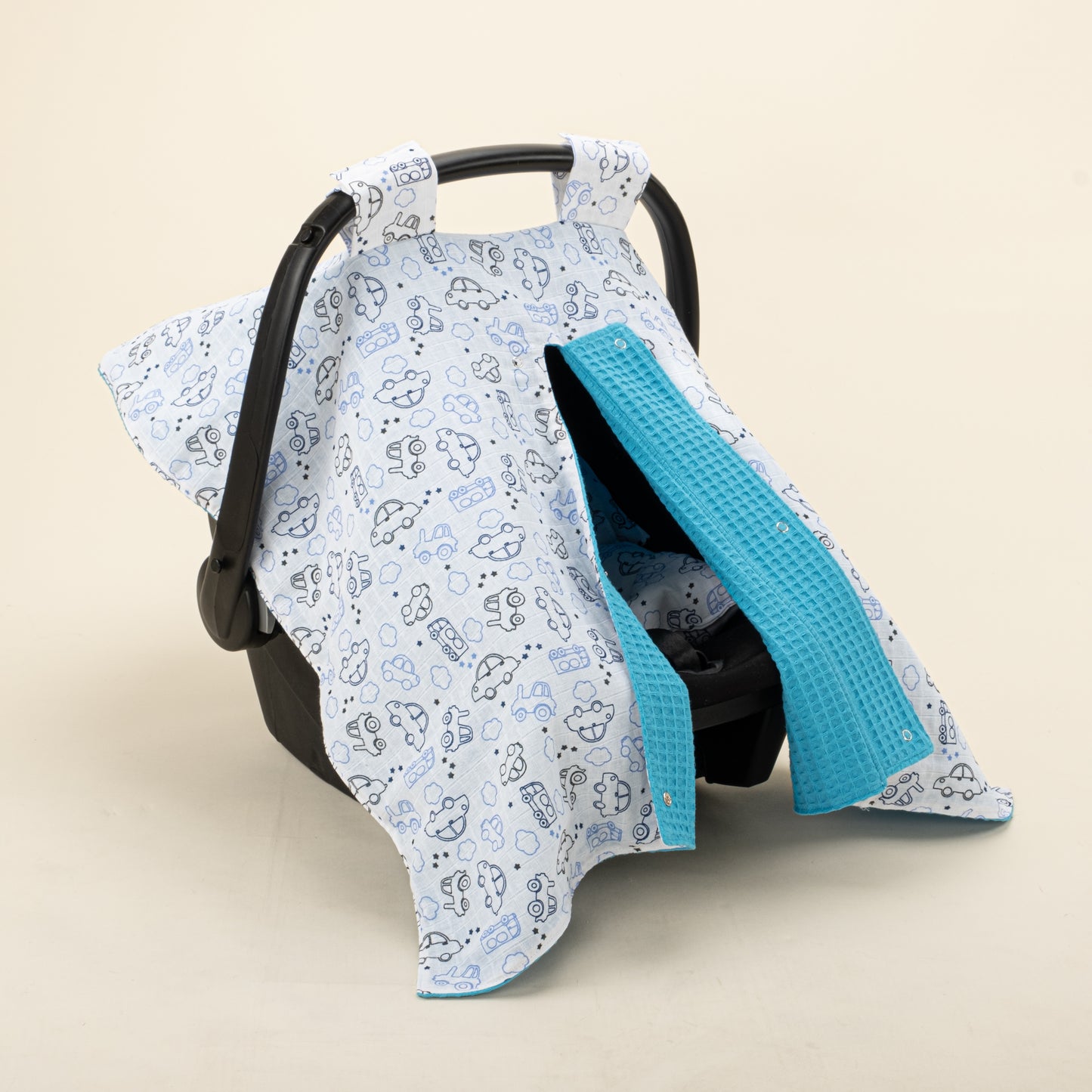 Stroller Cover Set - Double Side - Turquoise Honeycomb - Blue Tiny Cars