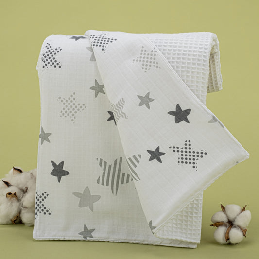 Pique Blanket - Double Side - White Honeycomb - Gray Star