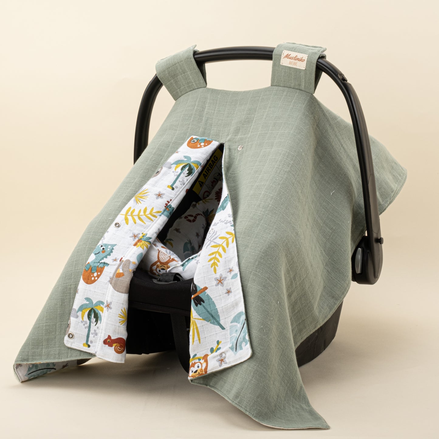 Stroller Cover Set - Double Side - Green Muslin - Zoo