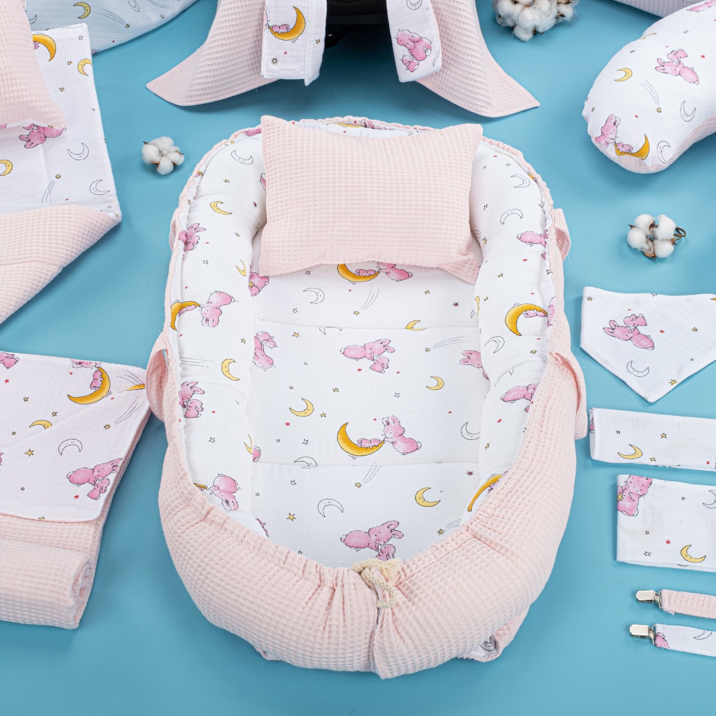 15 Piece Full Set - Newborn Sets - Pink Honeycomb - Pink Rabbit